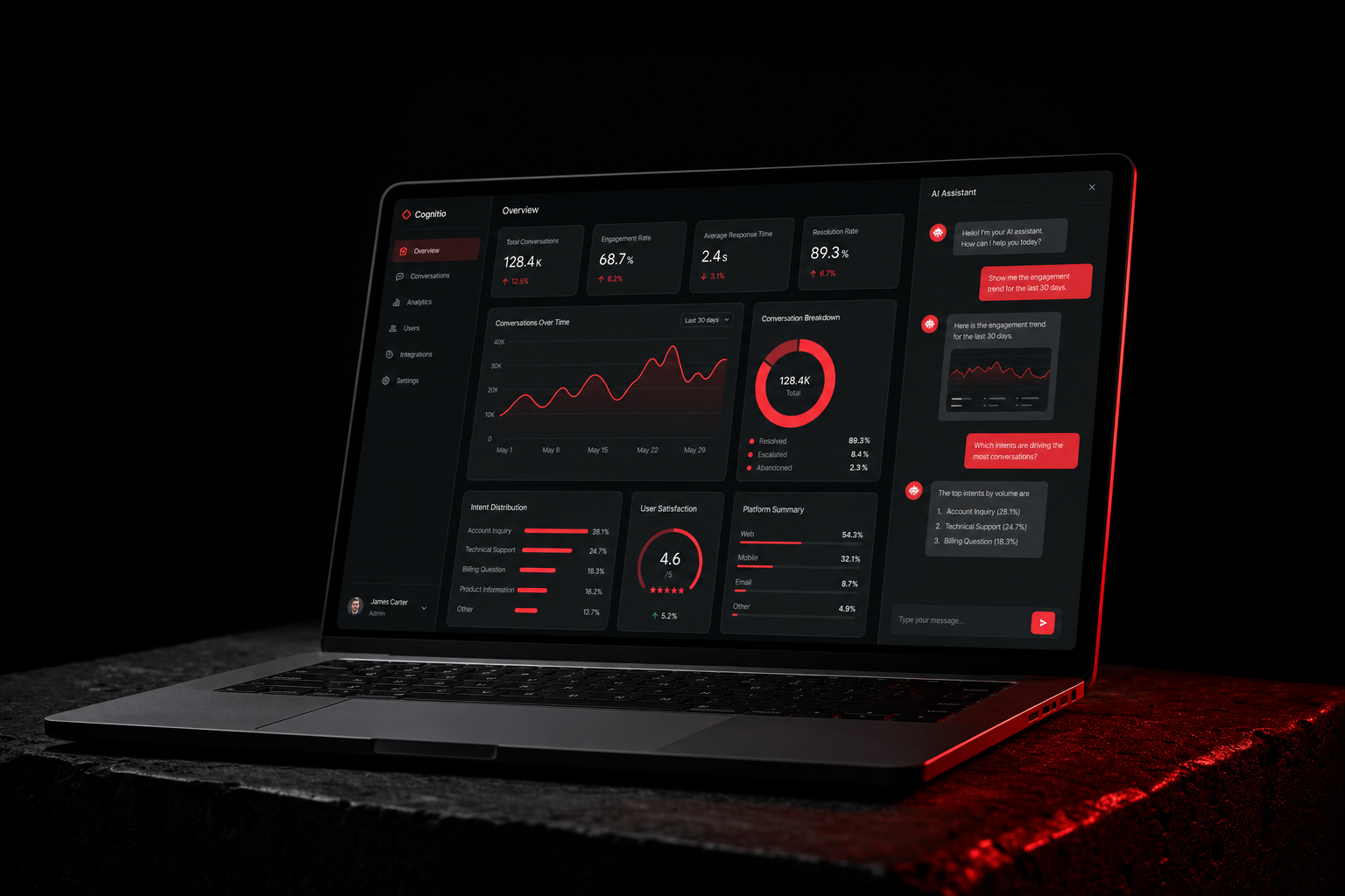 Dark laptop mockup displaying a conversational AI analytics dashboard, moody red-lit studio photography
